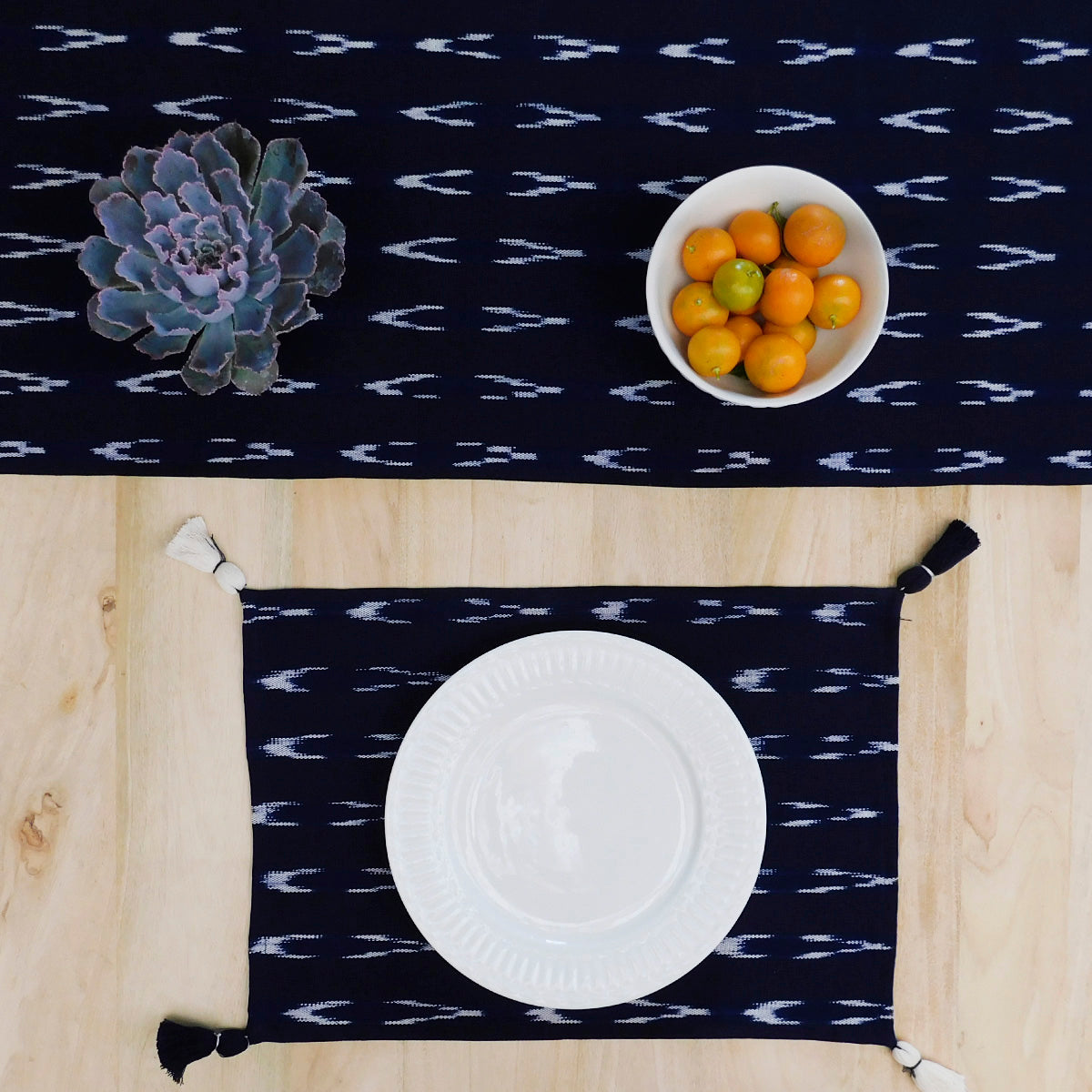 Blue Table Runner with Tassels - Ikat Design