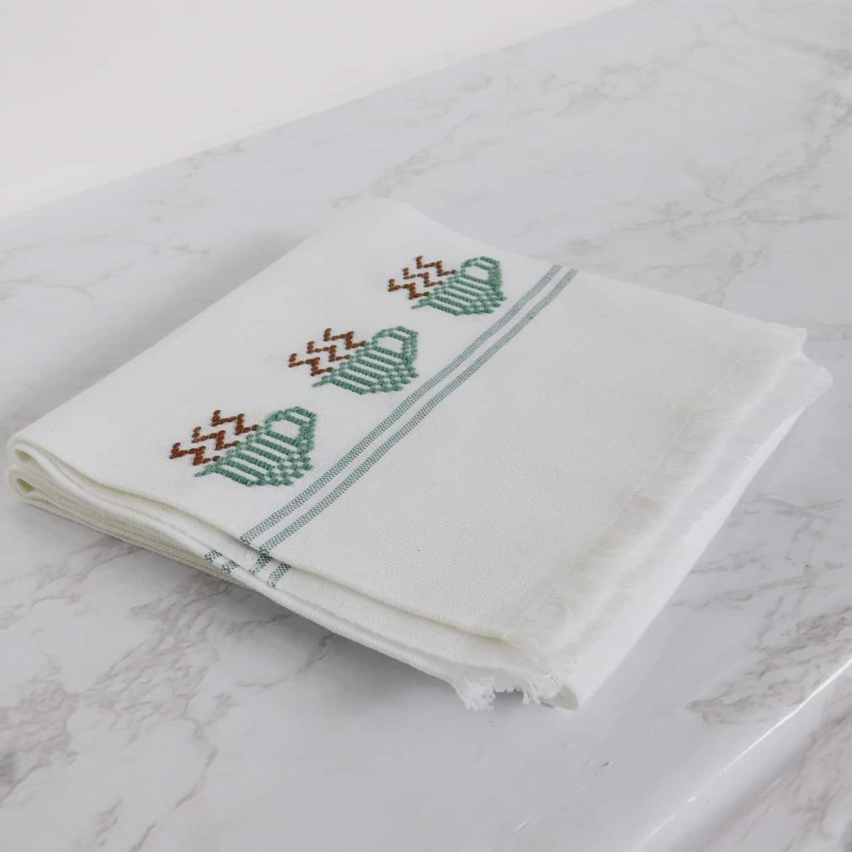 Cotton Tea Towels with Embroidered Green Teacups