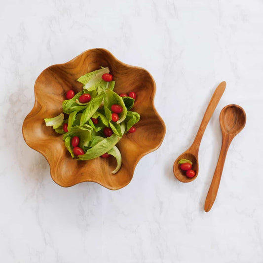 Decorative Wood Bowl with a Wavy Rim + Salad Server Set