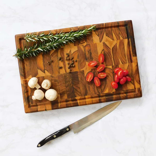 end grain butcher block, butcher block cutting board, cutting board with juice groove, teak cutting board