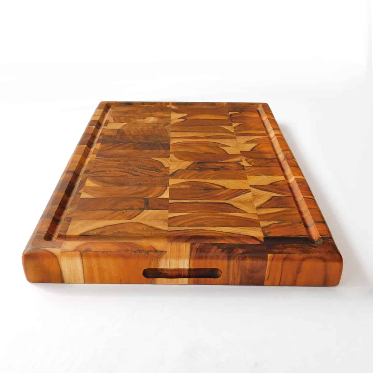 end grain butcher block, butcher block cutting board, cutting board with juice groove, teak cutting board