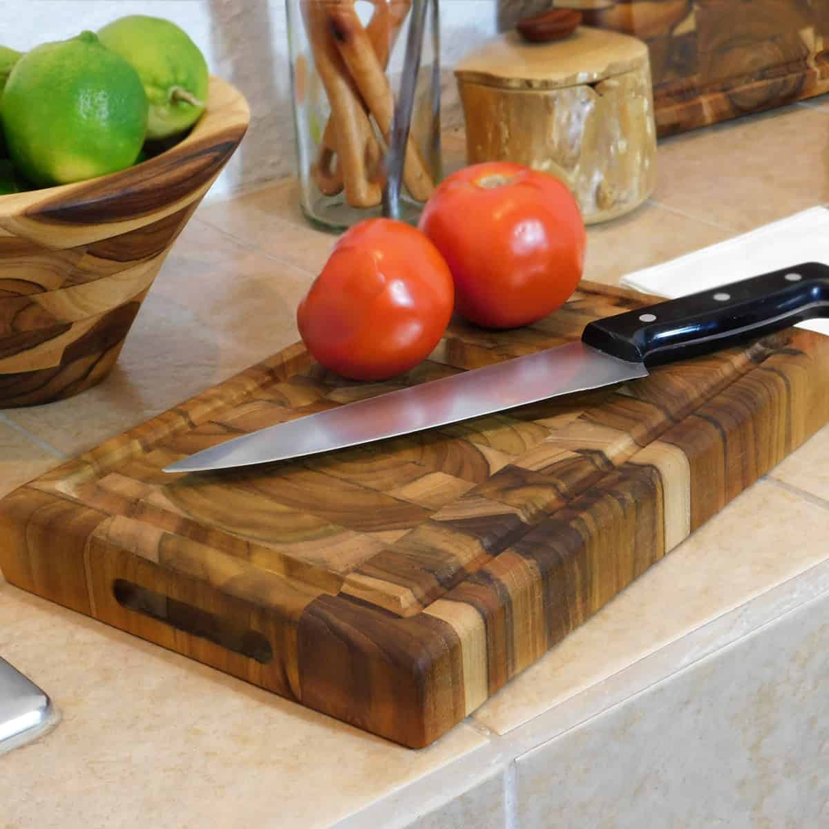 end grain butcher block, butcher block cutting board, cutting board with juice groove, teak cutting board