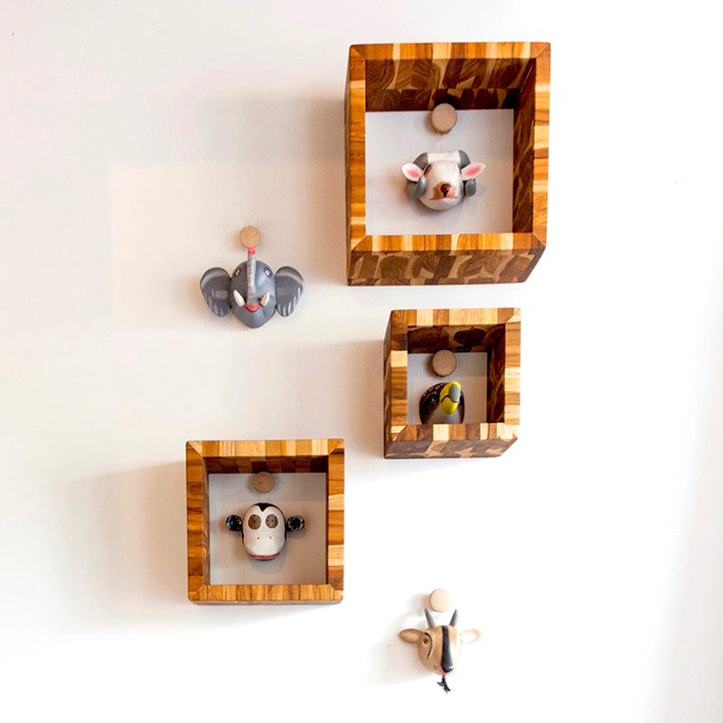 teak wood shelves, handmade teak shelves, teak wood shelves with wooden animal masks