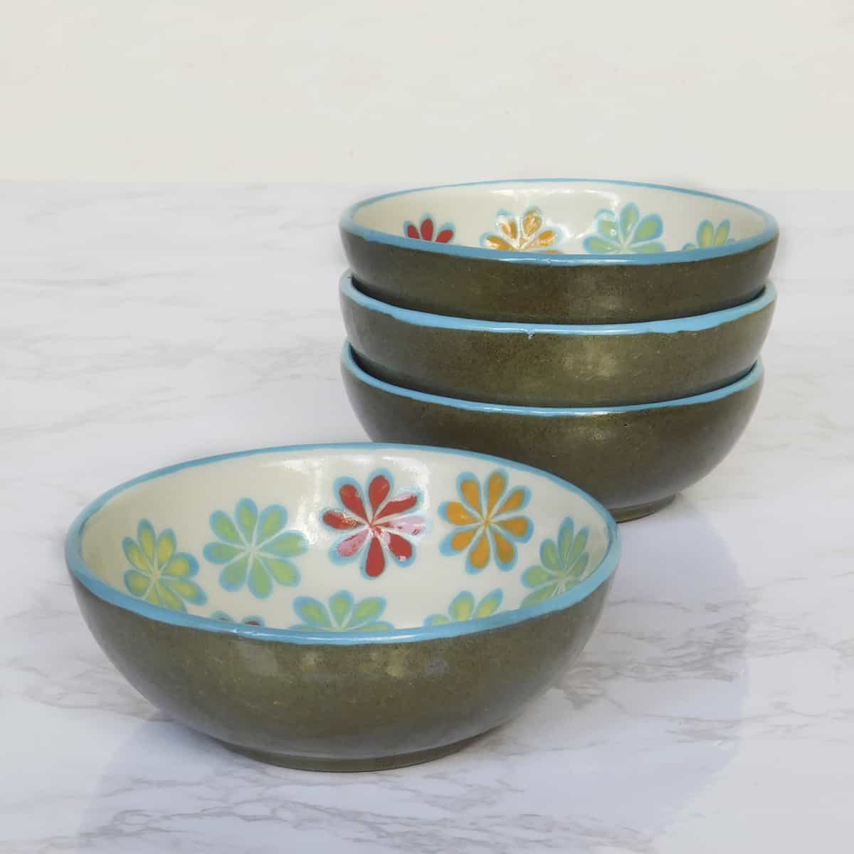 Handmade Ceramic Bowls Blue Floral Design Set of 4 - Medium