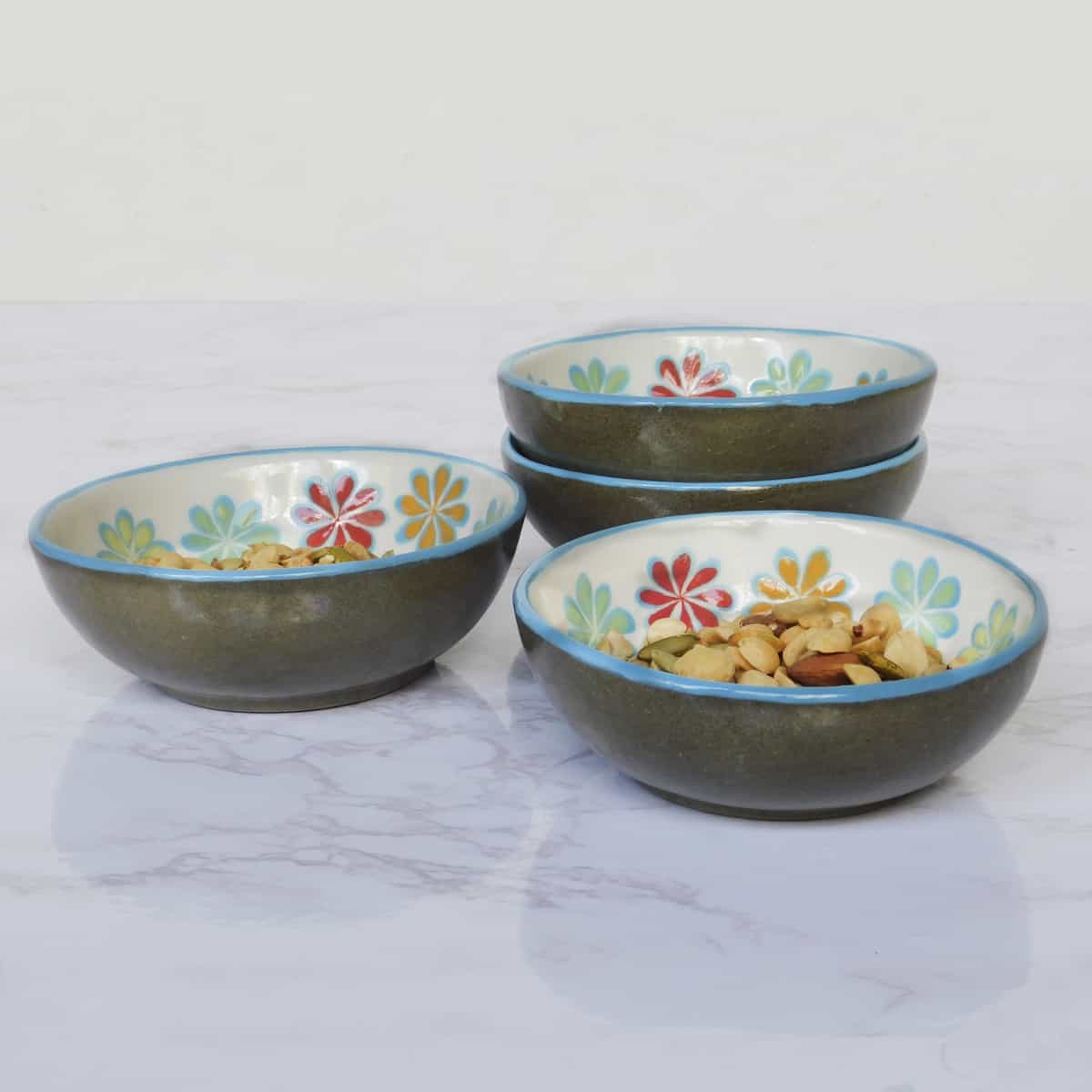 Handmade Ceramic Bowls Blue Floral Design Set of 4 - Medium