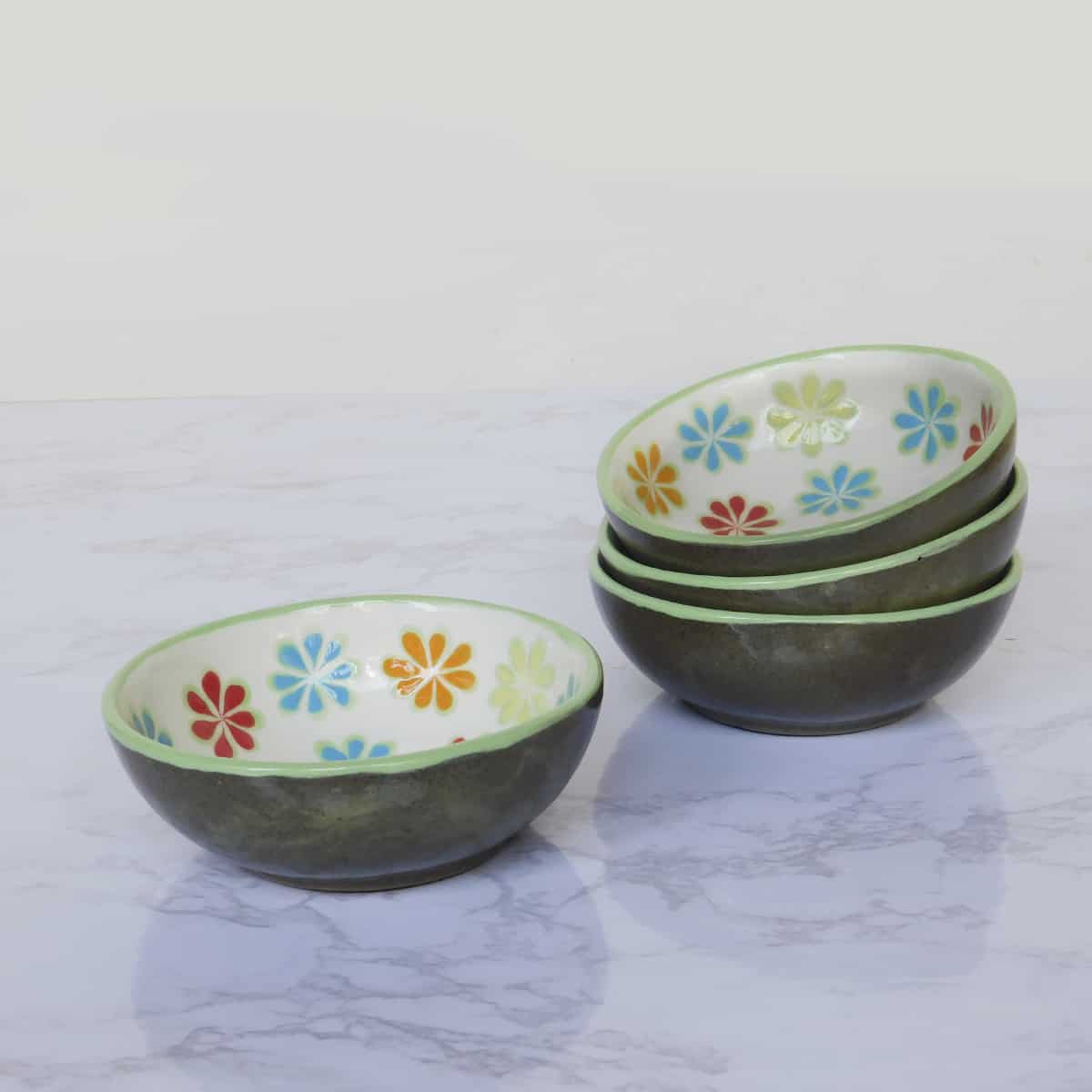 Handmade Ceramic Bowls Green Floral Design Set of 4 - Medium