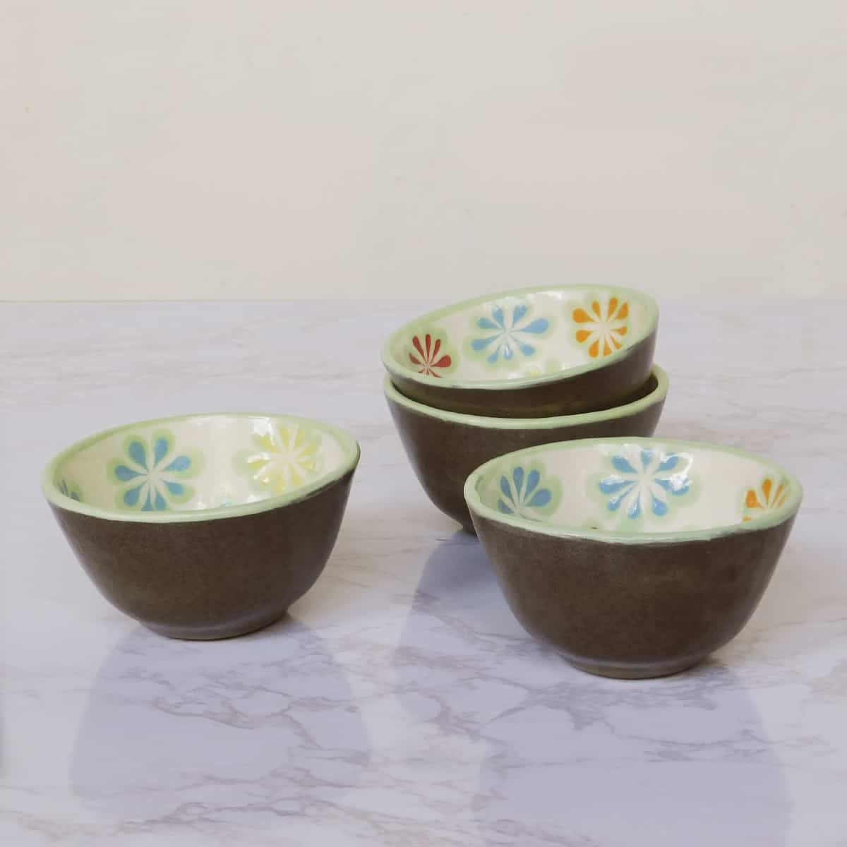 Handmade Ceramic Bowls Green Floral Design Set of 4 - Small