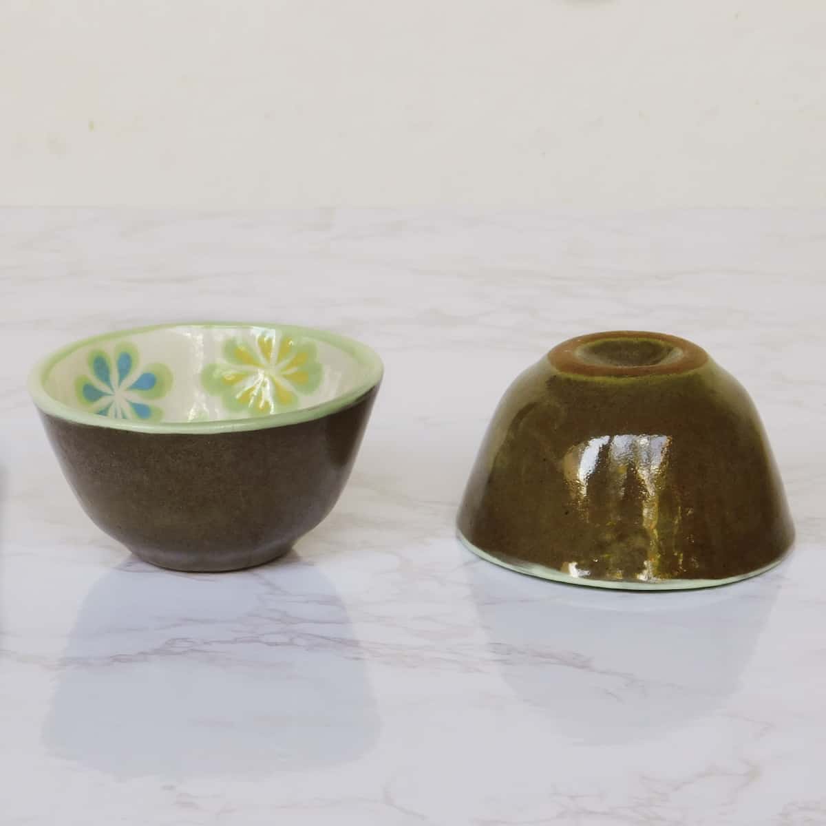 Handmade Ceramic Bowls Green Floral Design Set of 4 - Small