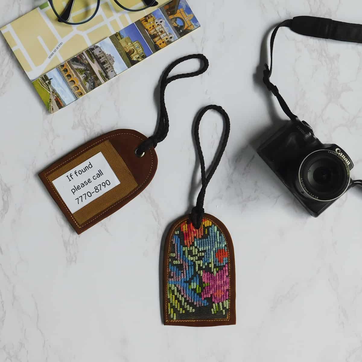 Handmade Leather Luggage Tags with Huipil Fabric - Variety