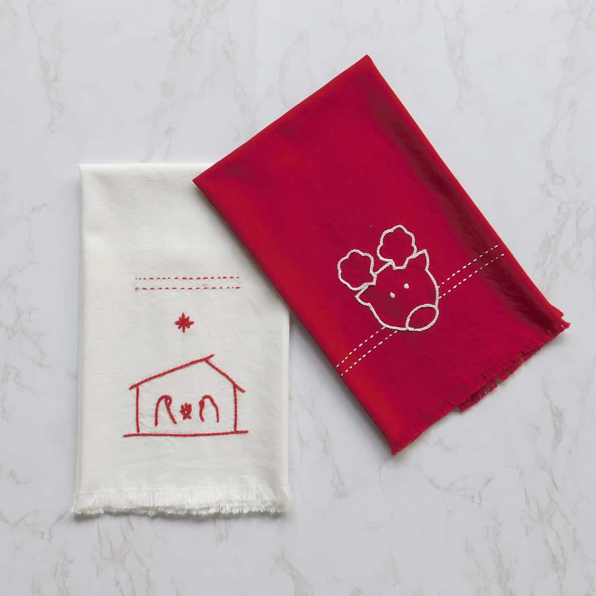 Holiday Red and White Kitchen Towels Set of 2 - Reindeer + Manger