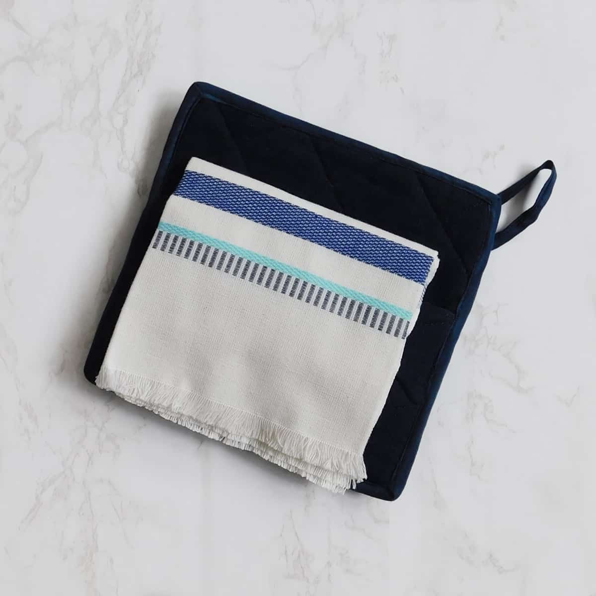 cotton tea towels, embroidered hand towels, embroidered towels, square pot holder, pot holder with pocke