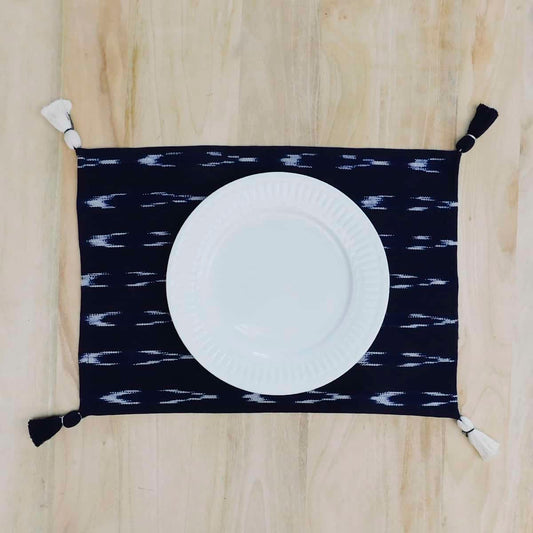 Blue Cotton Placemats with Ikat White Stripes Set of 4