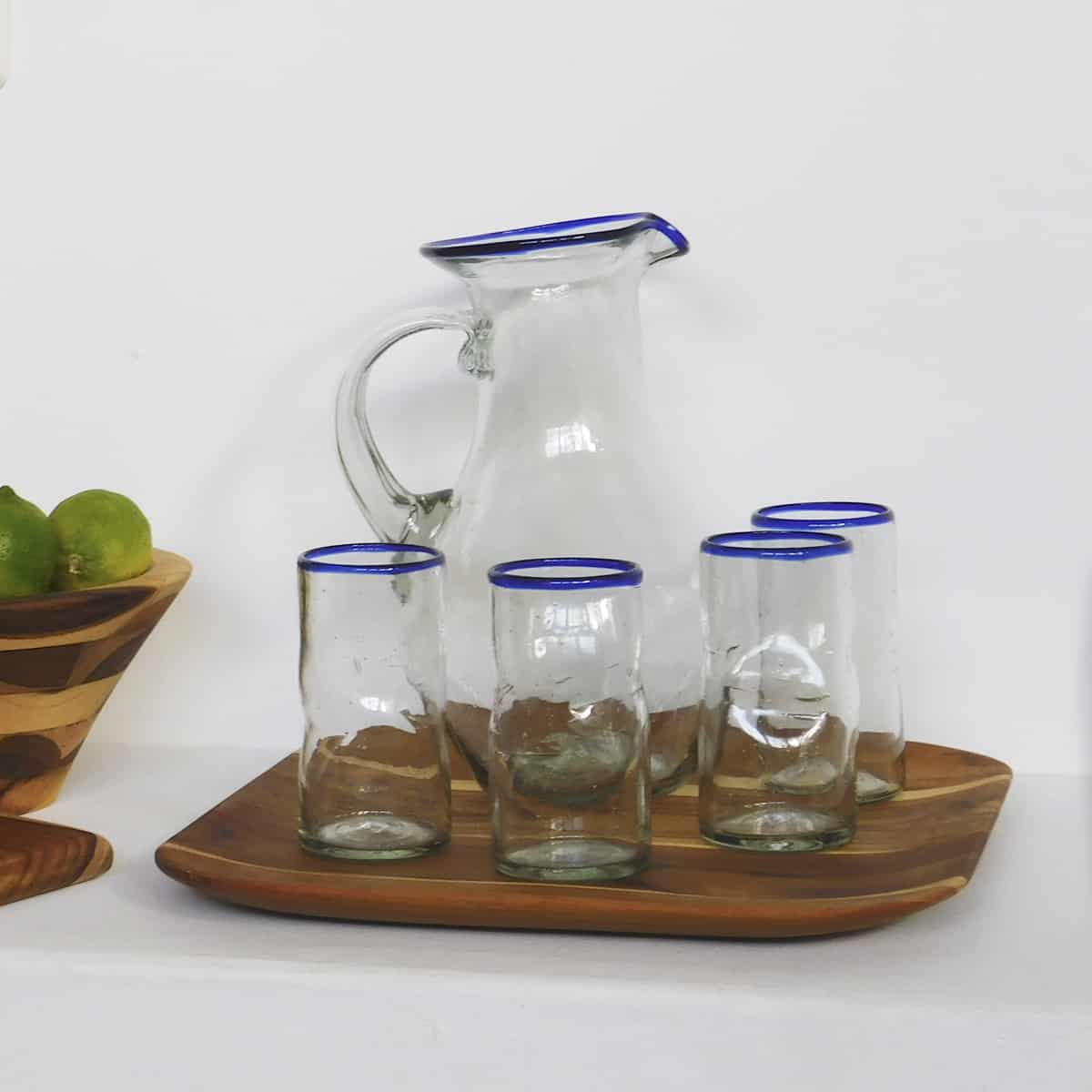 Blue Rim Hand Blown Glasses and Pitcher