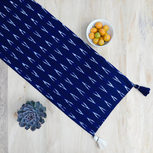 Blue Table Runner with Tassels - Ikat Design