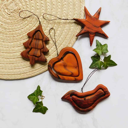 Classic Christmas Ornaments Set - Carved Star, Heart, Dove + Pine