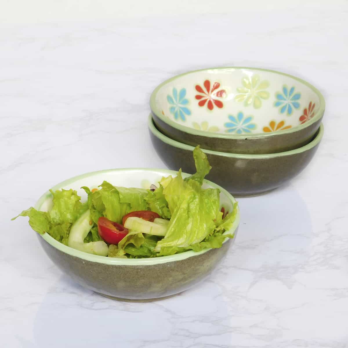 Handmade Ceramic Bowls Green Floral Design Set of 4 - Medium
