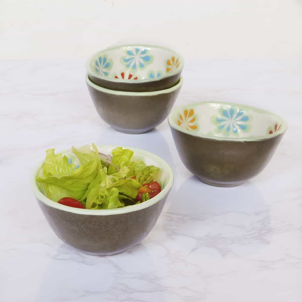 Handmade Ceramic Bowls Green Floral Design Set of 4 - Small