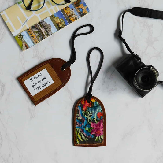 Handmade Leather Luggage Tags with Huipil Fabric - Variety