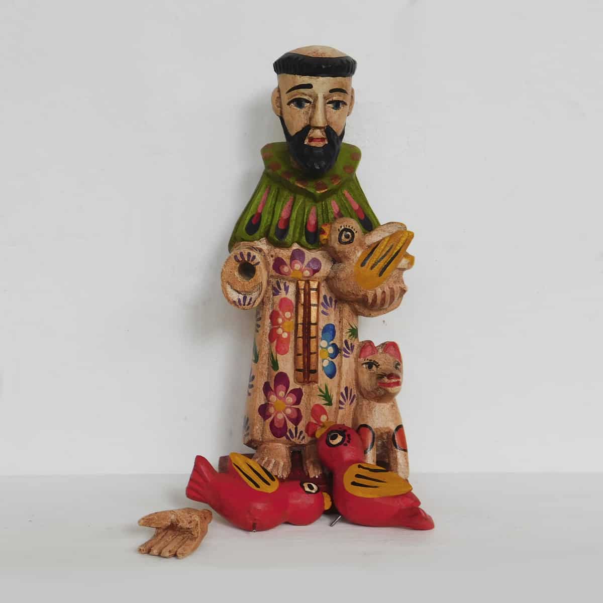st francis of assisi figurine with removable birds and hand. handmade in guatemala.