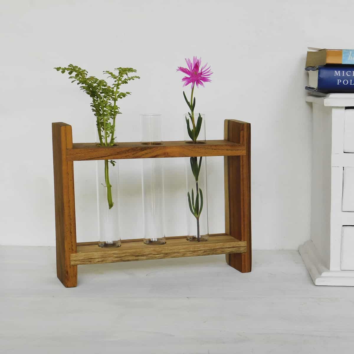 three test tube plant holders with their wooden frame displaying a pink flower and an herb against a white background