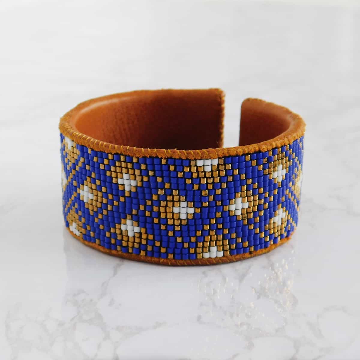 Blue Beaded Leather Cuff Bracelet + Earrings